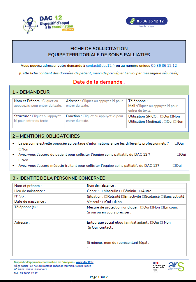 Fiche de sollicitation - Équipe de Soins Palliatifs
